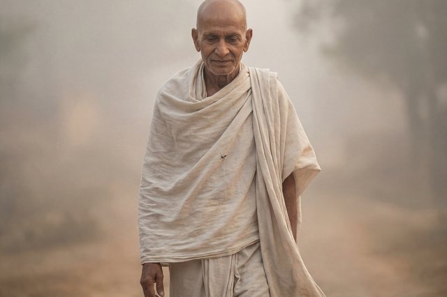 Swami Raghav walking in a misty forest.