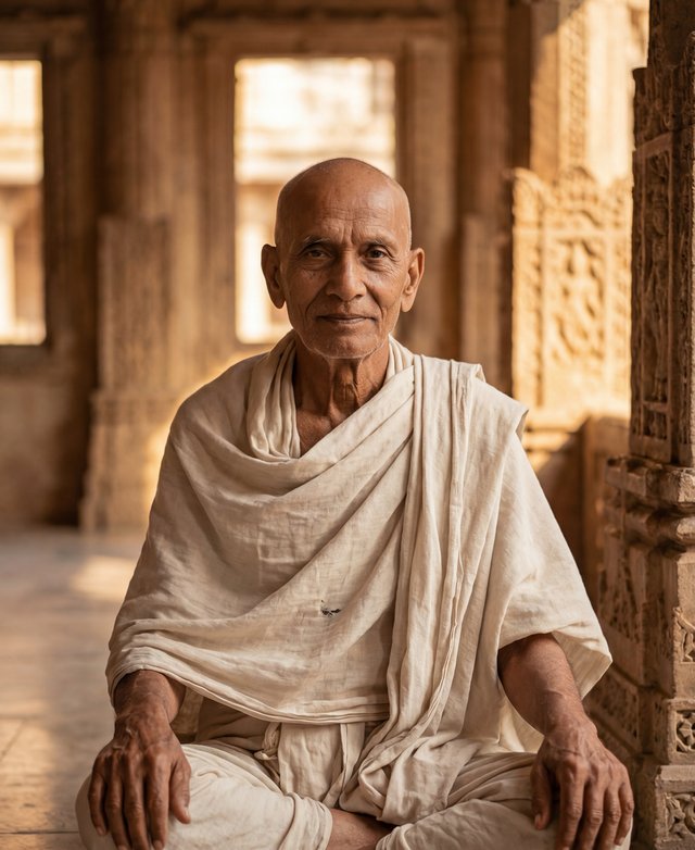 Swami Raghav sitting calmly in warm light.